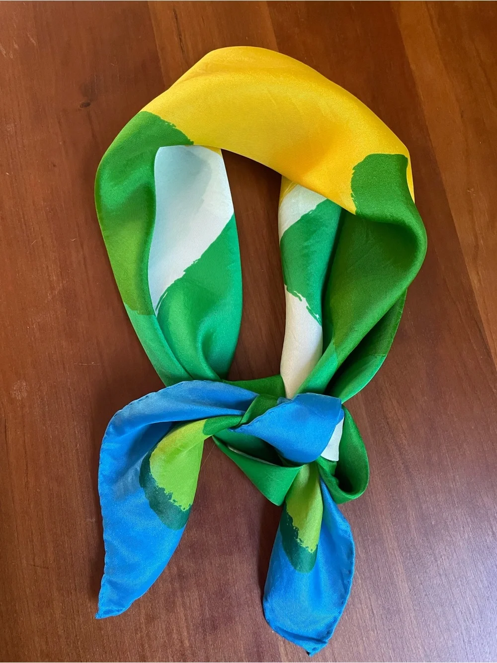 Vintage Silk Rayon Scarf 26” Square Abstract Geometric Green Blue Yellow